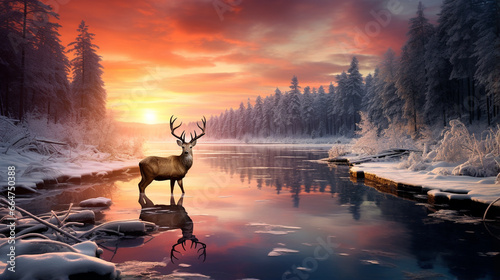 Deer in winter nature with sunset at the lake.