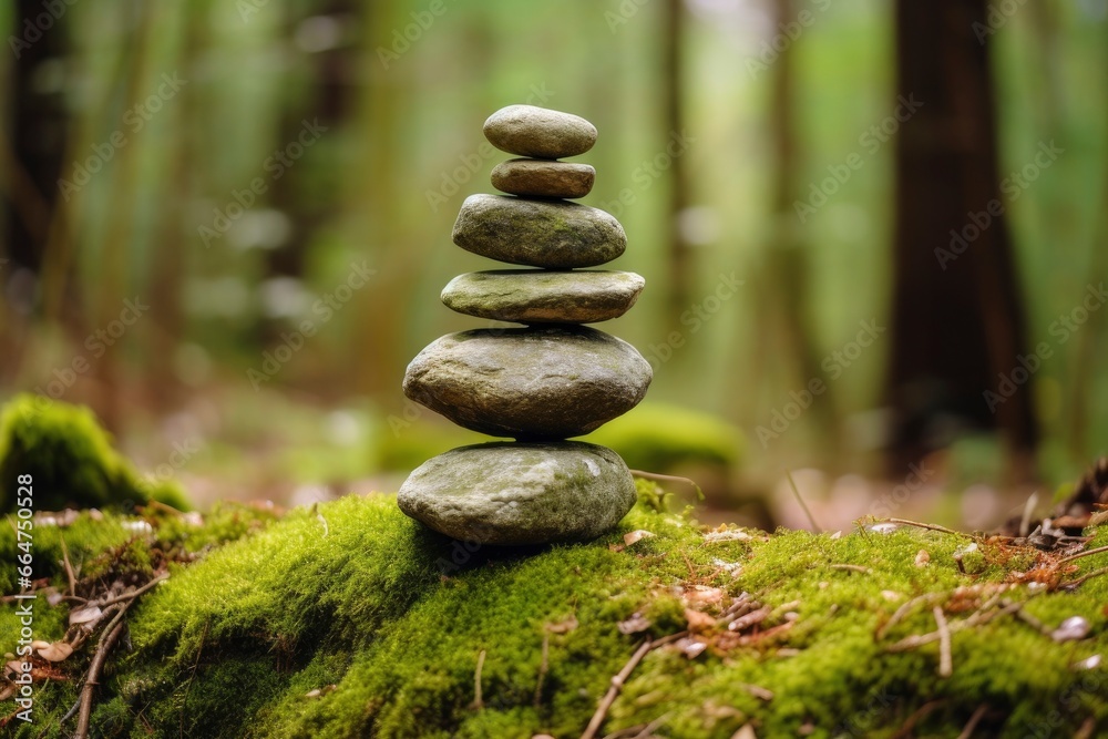 Pyramid stones balance on old mossy fallen tree. Pyramid stones balance on old mossy fallen tree.
