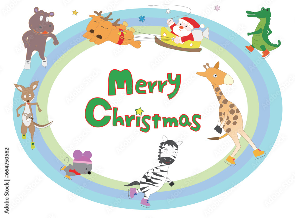 Obraz premium アイススケートをしている動物たちとクリスマスをお祝いしているサンタクロース。
