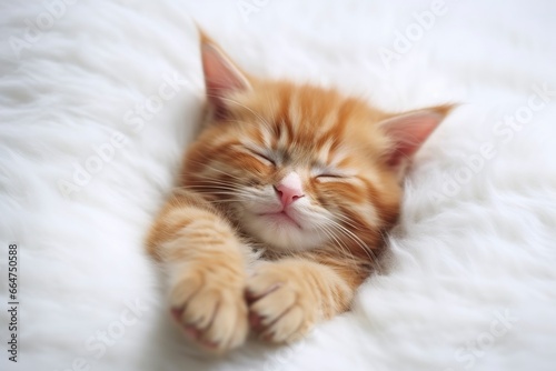 Red kitten, cat sleeping cute on white fur. © Md