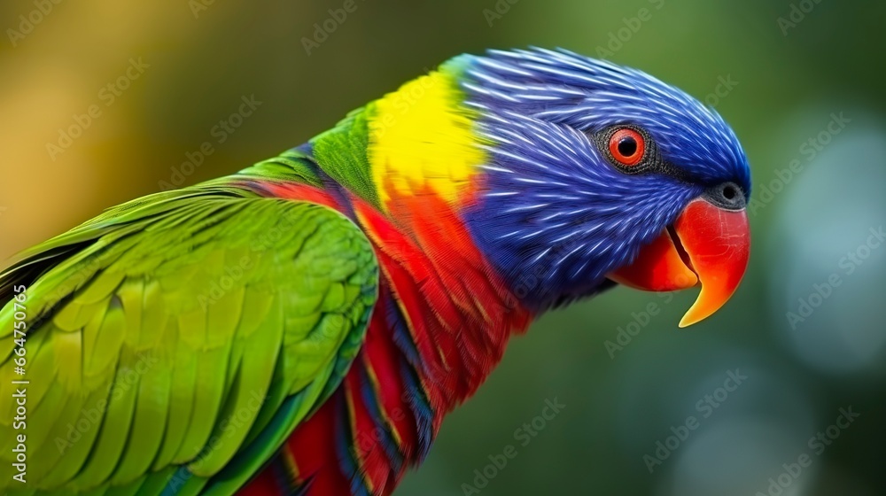 Side view Closeup of beautiful and colorful Lorikeet Green naped bird.