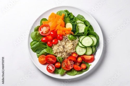 Salad with quinoa, spinach, broccoli, tomatoes, cucumbers and carrots. © Md