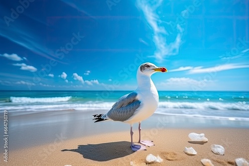 Seagull on the beach under blue sky. AI Generated © Md