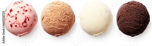 Set of four various ice cream balls or scoops isolated on white background. photo