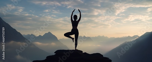 silhouette of a woman practicing yoga in the summit with mountain Background.