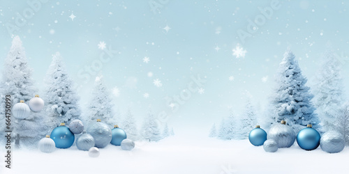 Xmas background banner greeting card christmas balls blue background with snowflakes and trees in the background © Awais