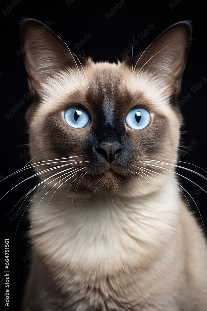 A close-up portrait of a Siamese cat with striking blue eyes. The cat's fur is a pale cream color, with darker markings on its face, ears, and paws. Its triangular ears and wedge-shaped head