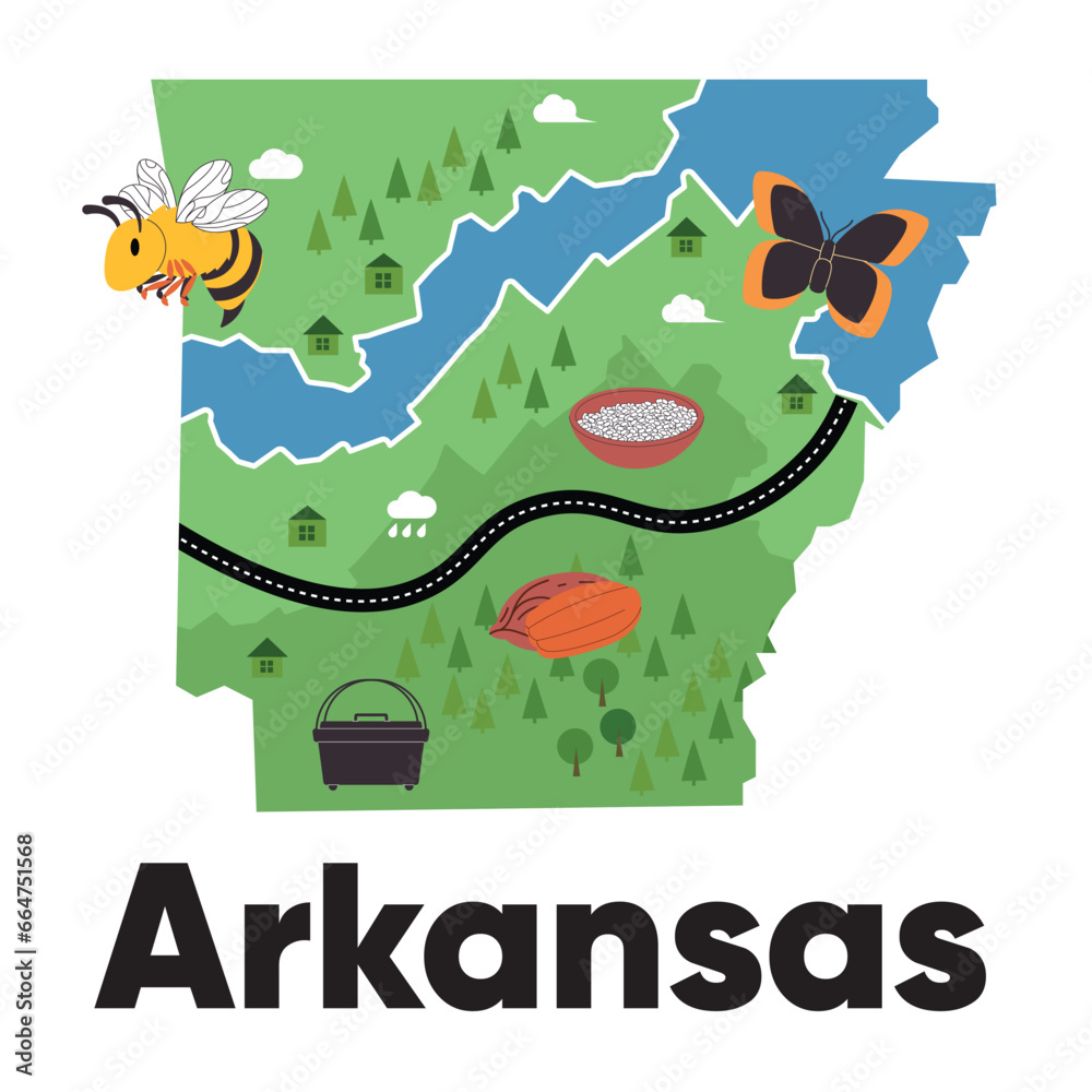 Arkansas states map shape with green forest natural animal and icon safari drawing illustration