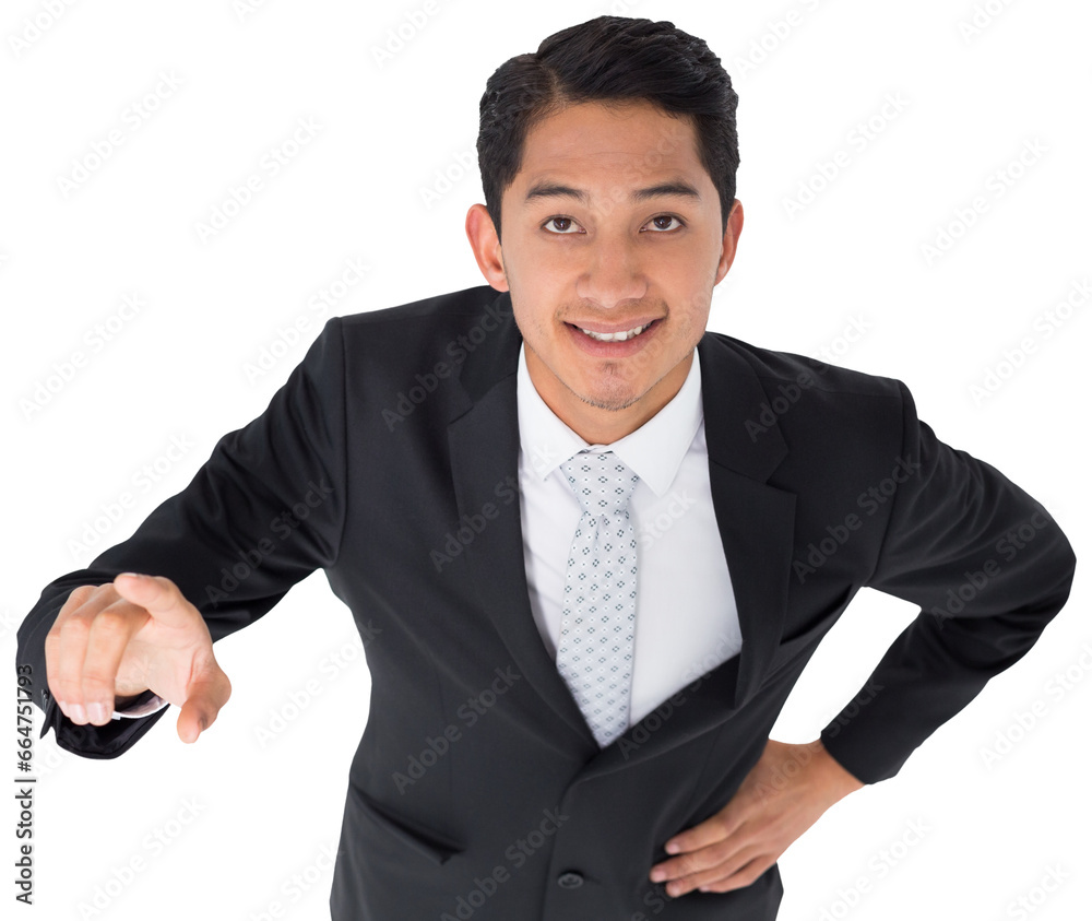 Digital png photo of happy biracial businessman pointing on transparent background Digital png photo of happy biracial businessman pointing on transparent background