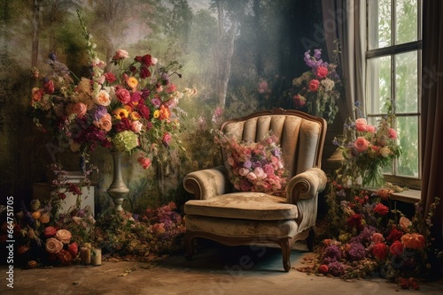 A room filled with beautiful flowers and a comfortable chair positioned in front of them. Generative AI