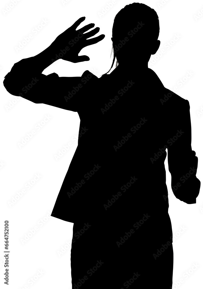 Digital png silhouette of businesswoman reaching hand on transparent background