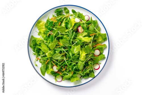 Healthy fresh green salad plate shot from above on white background.