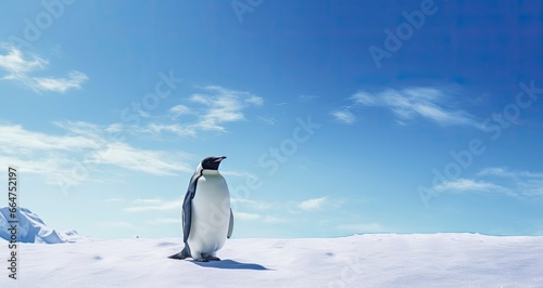 Penguin standing in Antarctica looking into the blue sky.