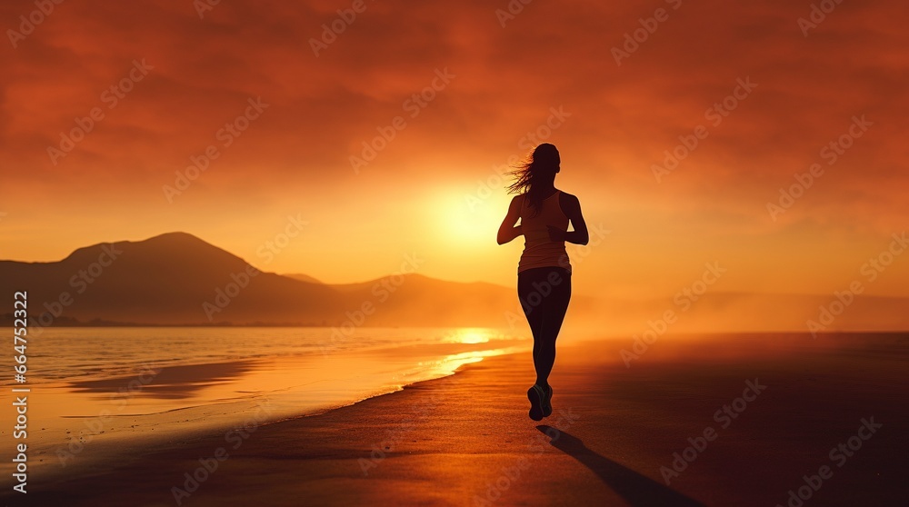 Mujer corriendo en la playa al amanecer