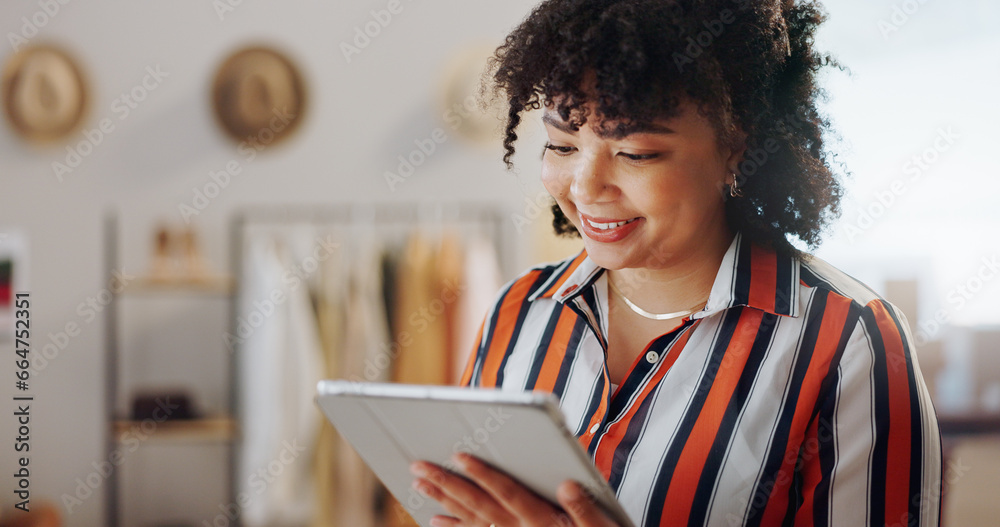 Startup, boxes and woman with a tablet, business and smile with connection, internet or delivery with sales. Internet, person or employee with ecommerce, shipping or company website with online order Startup, boxes and woman with a tablet, business and smile with connection, internet or delivery with sales. Internet, person or employee with ecommerce, shipping or company website with online order