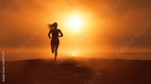 Mujer corriendo en la playa al amanecer photo