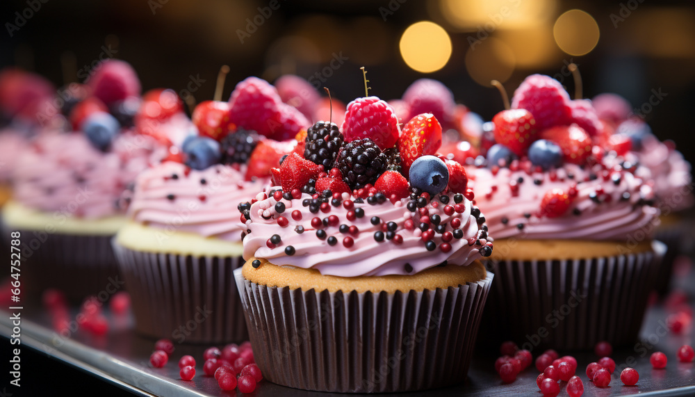 A colorful, indulgent cupcake with fresh berries and creamy icing generated by AI