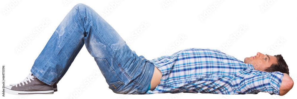 Digital png photo of happy caucasian man in shirt lying and looking up on transparent background - obrazy, fototapety, plakaty 