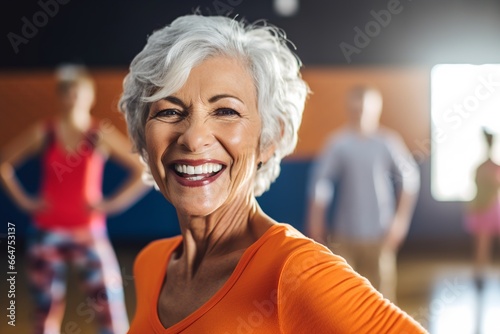 portrait of elderly woman smiling looking at camera; senior female retired adult exercising in dance class; old mature healthy person training fitness lifestyle; health and wellness fit life concept