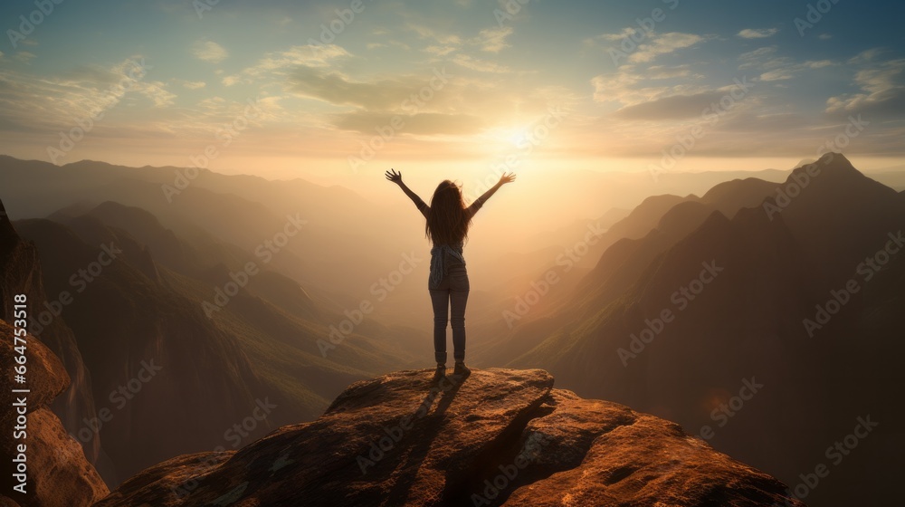 Happy slim girl is standing at sunset mountains with raised arms and enjoying the view