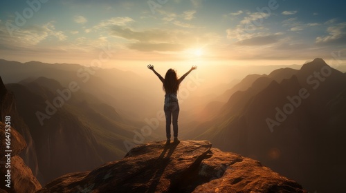 Happy slim girl is standing at sunset mountains with raised arms and enjoying the view