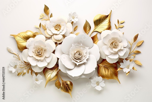 3d gold flowers white backgroung. © Md