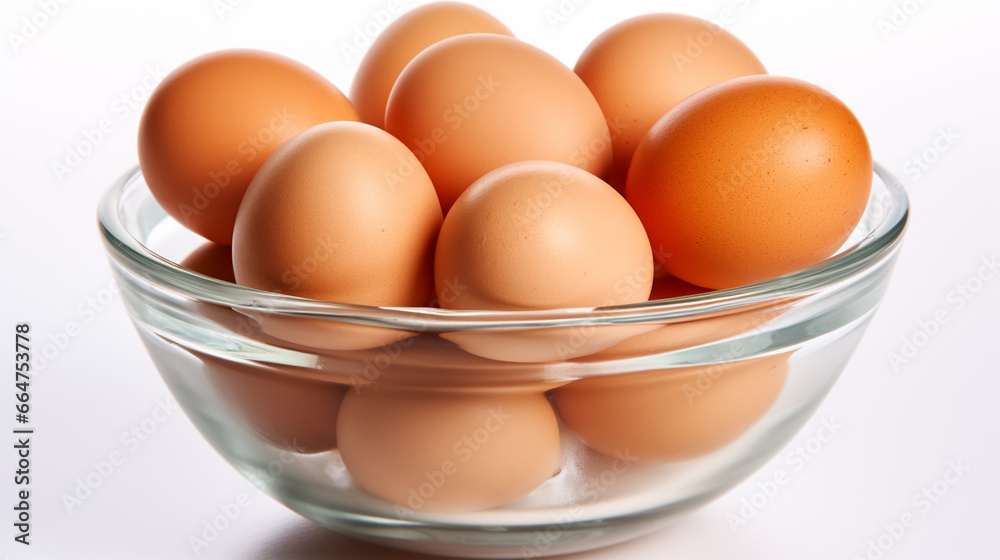 brown eggs in transparent bowl isolated on white background brown eggs in transparent bowl isolated on white background