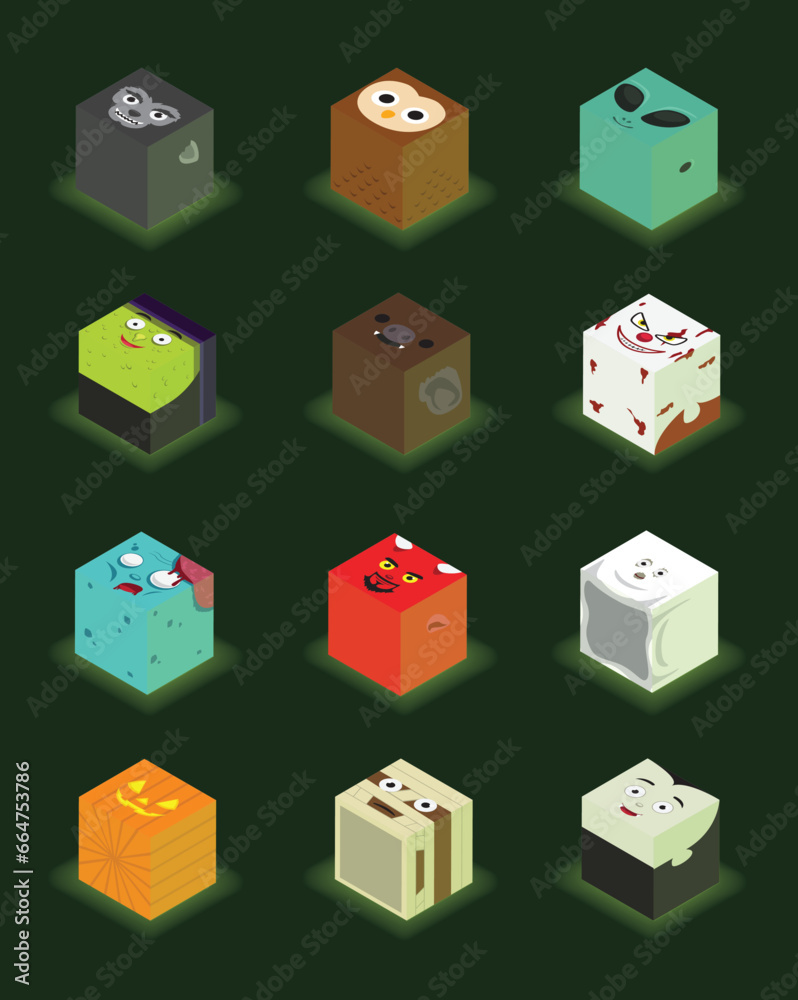 Halloween Characters Dice 3D Set Werewolf Monster Owl Bat Witch Zombie Mummy Dracula Vector Green Light Halloween Characters Dice 3D Set Werewolf Monster Owl Bat Witch Zombie Mummy Dracula Vector Green Light