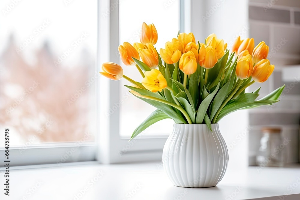 A bouquet of tulips on a white table. A bouquet of tulips on a white table.