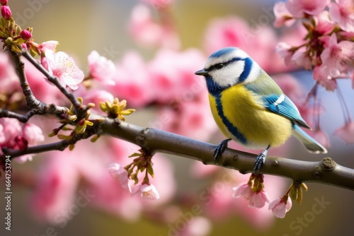 A Bluetit bird resting on the branch of a tree. © Md