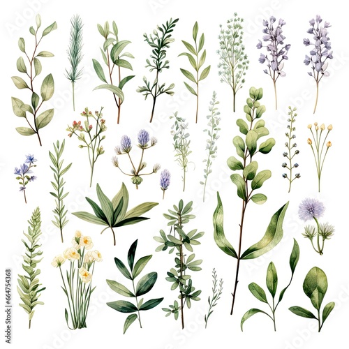 Collection of watercolor herbs clipart on white background. © Md