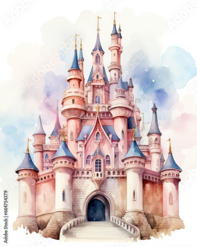 Colorful watercolor kawaii castle isolated on white background.