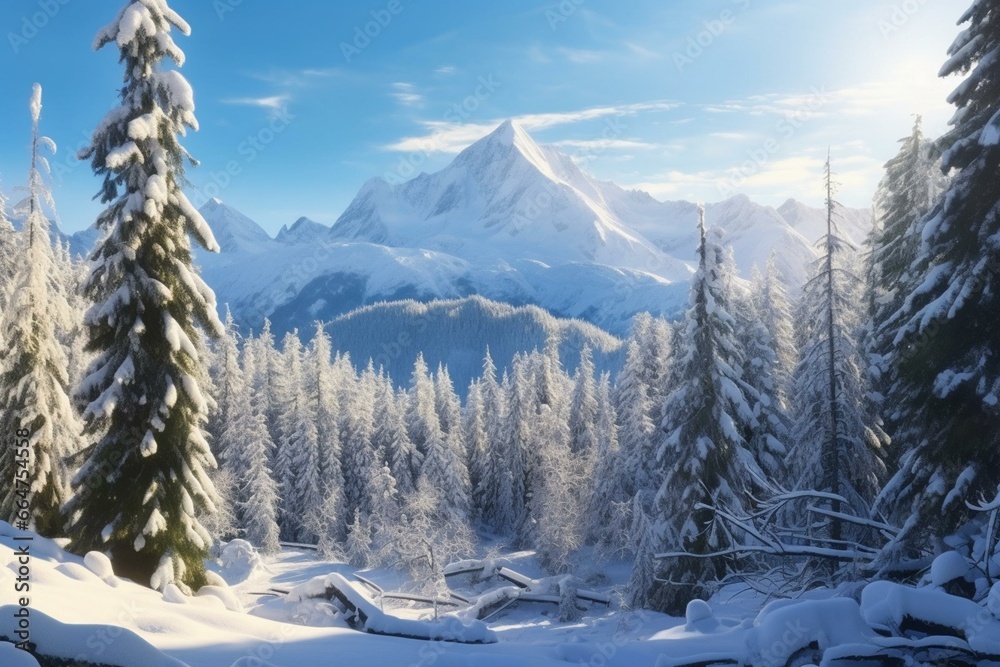 Snowy forest with Mont-Blanc mountains in the background on a sunny frosty day. Generative AI
