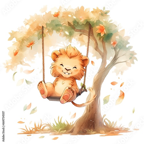 Cute and happy baby lion on swings on the tree in watercolor style.