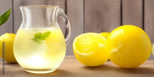 Lemon juice filled in glass on wooden table, nature lights background