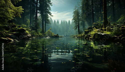 Tranquil scene of a green forest reflecting in water generated by AI