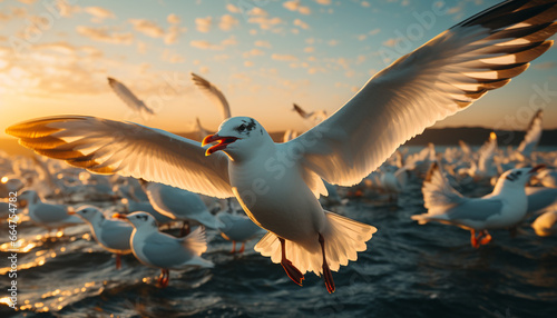 Seagull flying freely in nature, wings spread, against sunset backdrop generated by AI