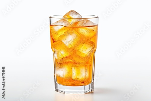 A glass of orange soda water with ice cubes on white background.