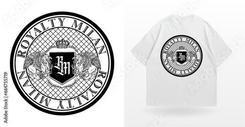 logo slogan graphic  royalty  victorian with sport  shield and lions. ornaments and geometric graphics  health and fitness club summer SS23 tennis crest sport 