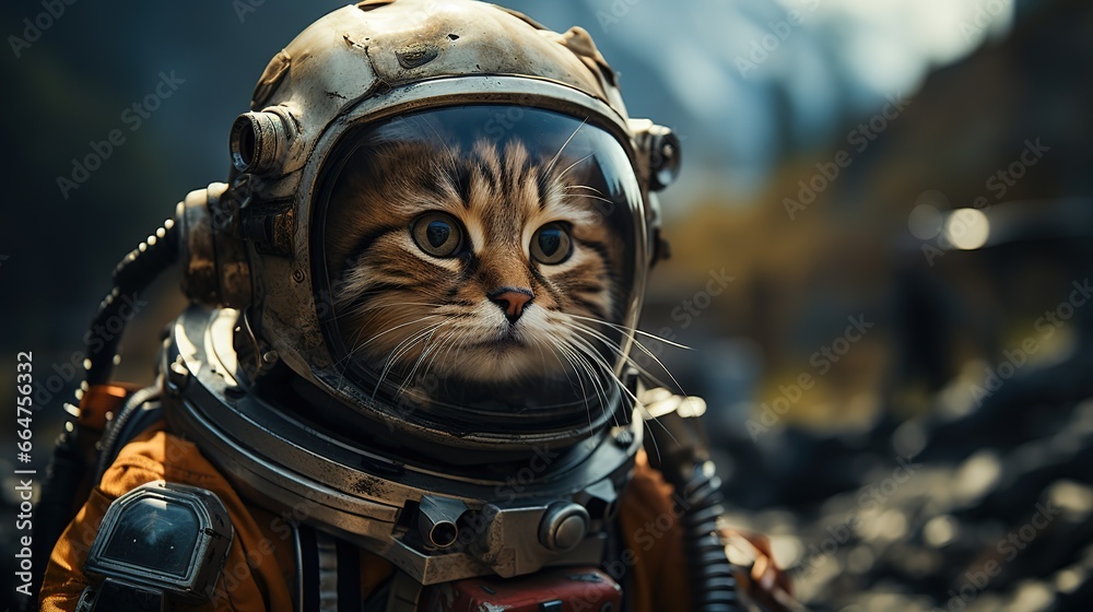 Modern fantasy cat-astronaut in a spacesuit and helmet, on an unknown planet