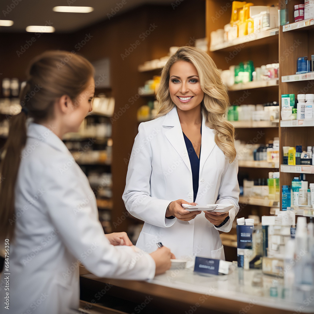 Farmacéutica atendiendo a una clienta en una farmacia 