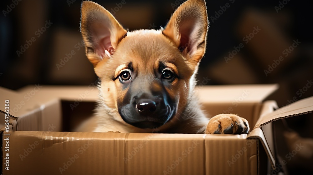 Sweet german shepherd dog sits among cardboard boxes for moving to a new home. Moving day excitement - obrazy, fototapety, plakaty 