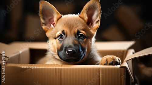 Sweet german shepherd dog sits among cardboard boxes for moving to a new home. Moving day excitement