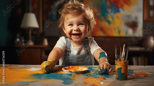 Happy little baby boy for the first time draws with paints on a white sheet of paper, creative expression