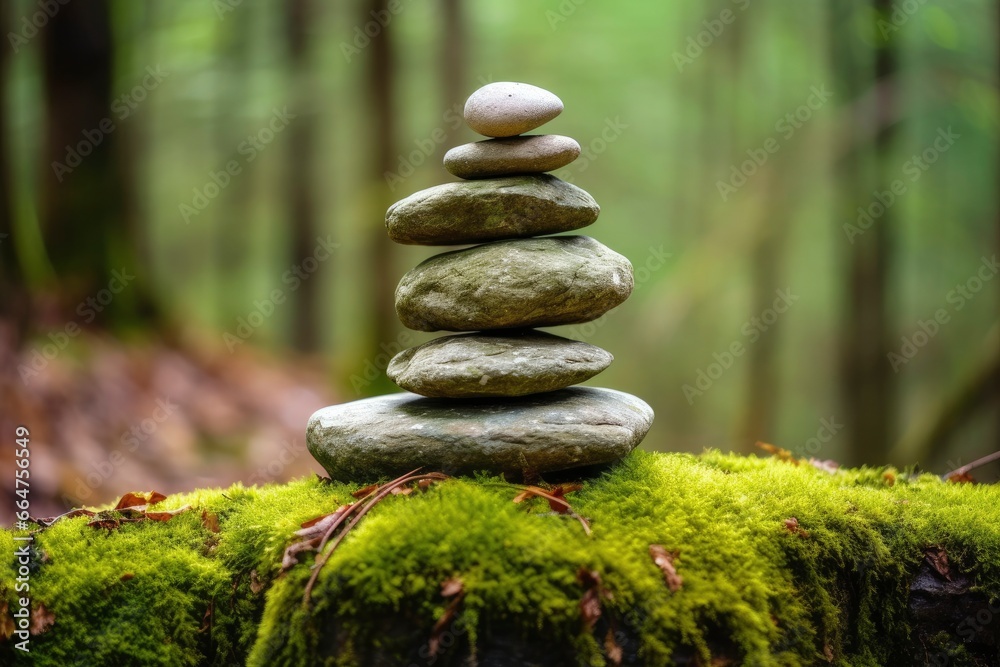 Pyramid stones balance on old mossy fallen tree. Pyramid stones balance on old mossy fallen tree.