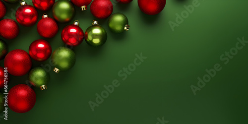 red and green christmas balls,Christmas mood Postcard from balls on a green background photo