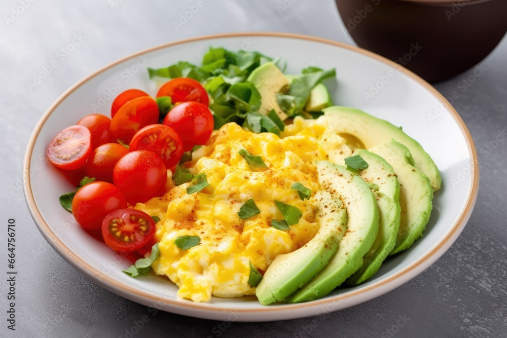 Scrambled eggs with cherry tomatoes and avocado. Scrambled eggs with cherry tomatoes and avocado.