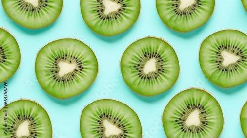 Slices of kiwi fruit and green mint leaves on a light pastel blue background. photo