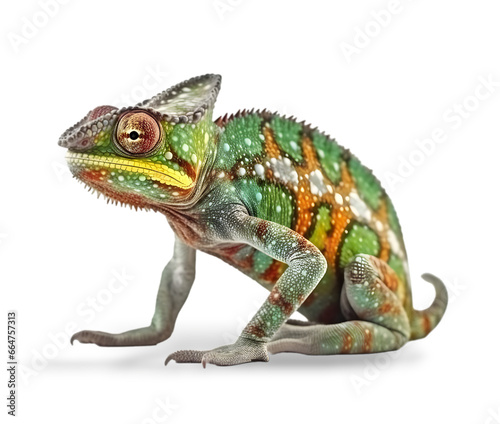 Beautiful multicolored chameleon isolated on transparent background.