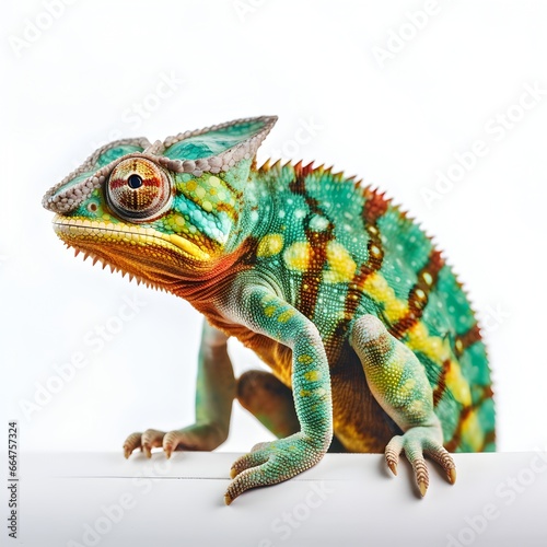 close up beautiful multicolored chameleon isolated on white background. © Naige
